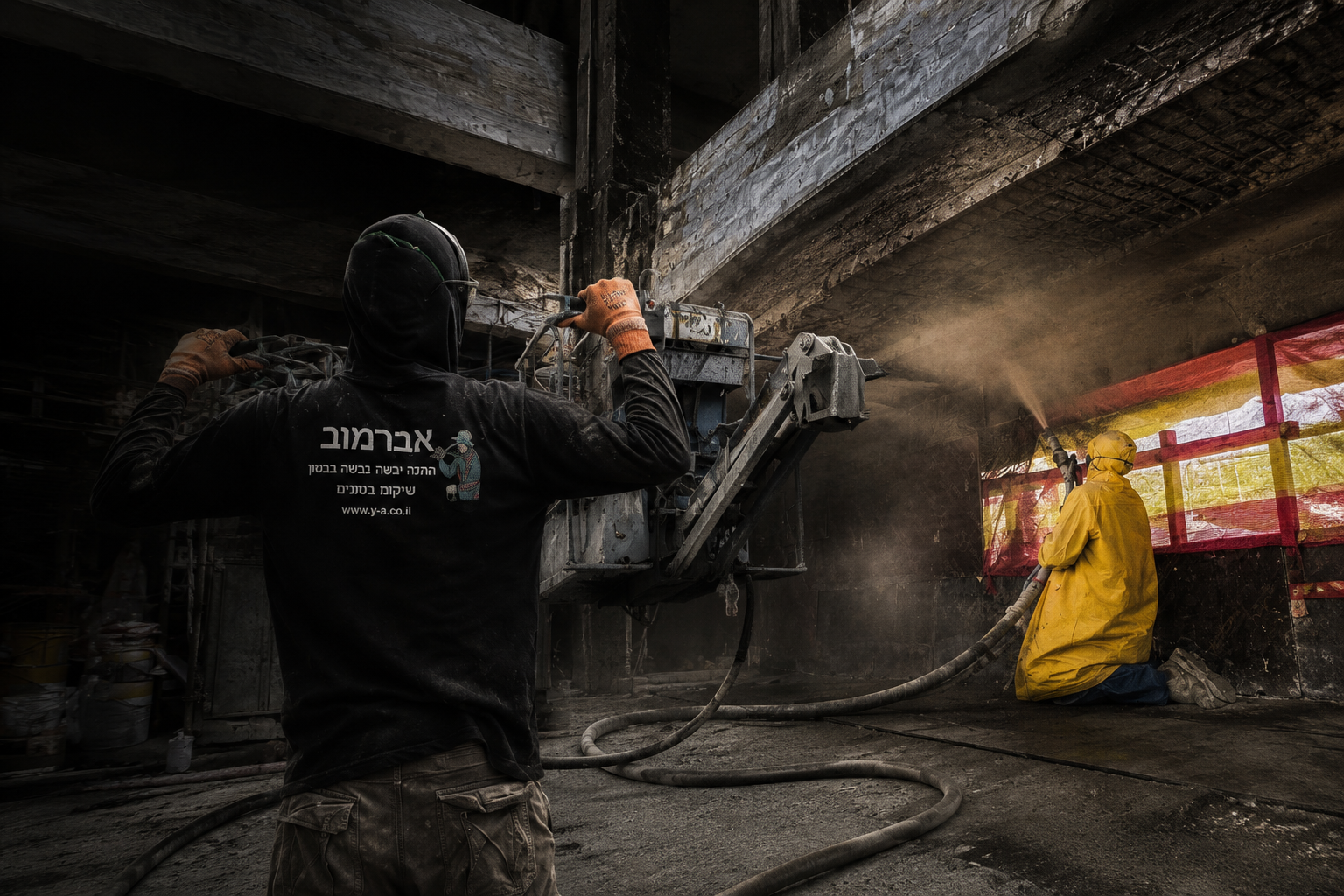 צוות אברמוב מבצע התזת בטון בשיטה יבשה — שיקום קונסטרוקטיבי